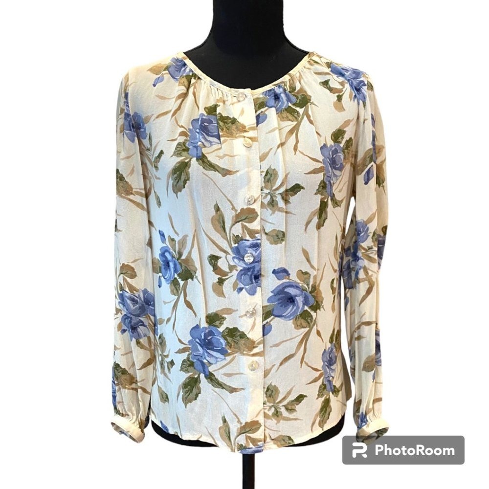 Liz Claiborne Women's Vintage Sheer Pleated floral button down blouse Petite SP